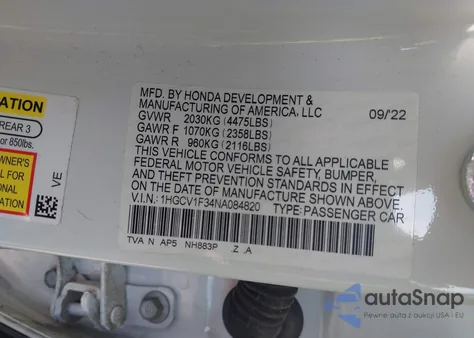 2022 Honda Accord Sport из США, поврежденный, VIN 1HGCV1F34NA084820